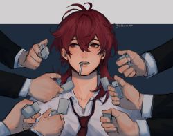 Rule 34 | 1boy, 6+others, alternate costume, cigarette, commentary, diluc (genshin impact), english commentary, genshin impact, hair between eyes, highres, lighter, long hair, male focus, mouth hold, multiple others, necktie, nokkusuart, parted lips, red eyes, red hair, red necktie, shirt, simple background, solo focus, twitter username, two-tone background, upper body, white shirt, zippo lighter