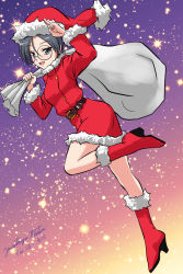 Rule 34 | 1girl, artist name, belt, black belt, blue eyes, boots, christmas, commentary, dated, dress, fur-trimmed dress, fur trim, girls und panzer, glasses, gradient sky, grey hair, hat, high heel boots, high heels, holding, holding sack, leg up, long sleeves, looking at viewer, matsui yasutsugu, over shoulder, red dress, red footwear, red hat, round eyewear, rumi (girls und panzer), sack, salute, santa boots, santa dress, santa hat, short dress, short hair, signature, sky, solo, standing, star (sky), starry sky, swept bangs, two-finger salute