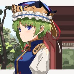 Rule 34 | 1girl, absurdres, asuka shirou, blue eyes, closed mouth, commentary, frilled hat, frills, green eyes, hat, highres, looking at viewer, outdoors, shiki eiki, short hair, short sleeves, smile, solo, touhou, upper body