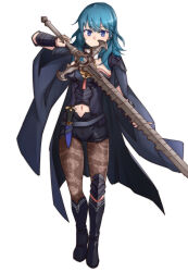 Rule 34 | 1girl, absurdres, belt, blue eyes, blue hair, bodice, byleth (female) (fire emblem), byleth (fire emblem), cape, clothing cutout, dagger, fire, fire emblem, fire emblem: three houses, highres, inarin (user tgfg4783), knife, long hair, midriff, navel, navel cutout, nintendo, pantyhose, pantyhose under shorts, patterned legwear, print pantyhose, shorts, simple background, solo, sword of the creator, vambraces, weapon, white background