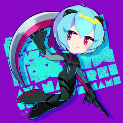 Rule 34 | 1girl, ayanami rei, black bodysuit, blue eyes, bodysuit, breasts, character name, chibi, commentary request, evangelion: 3.0+1.0 thrice upon a time, expressionless, full body, neon genesis evangelion, otoe (milkyboy inc.), pink eyes, plugsuit, purple background, rebuild of evangelion, scythe, short hair, signature, small breasts, solo