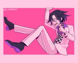 Rule 34 | 1boy, black hair, bright pupils, ceni, checkered clothes, checkered neckwear, danganronpa (series), danganronpa v3: killing harmony, fang, formal, hair between eyes, highres, jacket, long sleeves, looking at viewer, male focus, nail polish, official alternate costume, open mouth, oma kokichi, pant suit, pants, purple eyes, purple hair, purple nails, short hair, simple background, sitting, smile, solo, suit, vest, white pupils