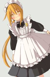 Rule 34 | 1girl, alternate costume, apron, black dress, blonde hair, blush, closed mouth, commentary request, crescent, crescent pin, dress, enmaided, frilled apron, frills, grey background, hair between eyes, highres, kantai collection, long hair, long sleeves, low twintails, maid, maid apron, maid headdress, po0000000000, satsuki (kancolle), simple background, smile, solo, twintails, white apron, yellow eyes
