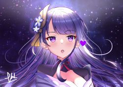 Rule 34 | 1girl, blush, braid, breasts, cleavage, commentary, english commentary, flower, genshin impact, hair ornament, heart, highres, large breasts, long hair, looking at viewer, mole, mole under eye, open mouth, purple background, purple eyes, purple flower, purple hair, raiden shogun, ribbon, signature, simple background, solo, sparkle background, tassel, varhan