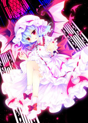 Rule 34 | 1girl, :q, bat wings, blood, blood on face, blood on hands, blood on clothes, blue hair, bobby socks, bow, cup, dress, drinking glass, dutch angle, frills, hat, highres, crossed legs, mob cap, reaching, red eyes, remilia scarlet, sakurazawa izumi, sitting, socks, tongue, tongue out, touhou, wine glass, wings