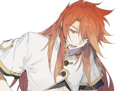 Rule 34 | 1boy, black shirt, buttons, cropped jacket, cropped shirt, green eyes, high collar, jacket, long hair, looking at viewer, luke fon fabre, male focus, multicolored hair, open mouth, orange hair, red hair, shirt, short sleeves, sidelocks, solo, tales of (series), tales of the abyss, two-tone hair, upper body, white background, white jacket, xing 20