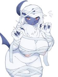 Rule 34 | 1girl, absol, baburusushi, breasts, claws, creatures (company), furry, furry female, game freak, gen 3 pokemon, highres, horns, large breasts, mummy costume, nintendo, nipple slip, nipples, pokemon, red eyes, solo, tail, thick thighs, thighs, white fur