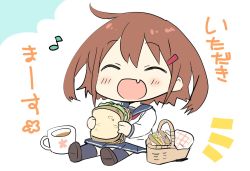 Rule 34 | 1girl, ^ ^, blue skirt, blush, brown hair, chibi, closed eyes, cup, fang, food, hair ornament, hairclip, highres, hizuki yayoi, holding, holding food, ikazuchi (kancolle), kantai collection, long sleeves, musical note, open mouth, picnic basket, red neckwear, sailor collar, sandwich, school uniform, serafuku, short hair, simple background, sitting, skin fang, skirt, solo, thighhighs, translation request, white background
