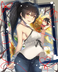 Rule 34 | 1girl, bare shoulders, belt, blush, breasts, doll, earrings, flower, highres, holding, holding doll, jewelry, large breasts, long hair, looking at viewer, multicolored background, open mouth, original, ponytail, red ribbon, ribbon, shorts, star (sky), string, string of fate, sunflower, vierzeck, watermark, web address, yellow eyes