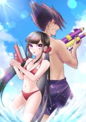 Rule 34 | 1boy, 1girl, :o, back-to-back, bare arms, bare shoulders, bikini, black hair, breasts, brown hair, cleavage, collarbone, commentary request, danganronpa (series), danganronpa s: ultimate summer camp, danganronpa v3: killing harmony, day, hair ornament, hairclip, hands up, harukawa maki, highres, holding, long hair, male swimwear, medium breasts, mole, mole under eye, momota kaito, navel, outdoors, print male swimwear, print swim trunks, print swimsuit, purple male swimwear, purple swim trunks, red bikini, red eyes, satori (aosky9077), space print, spiked hair, star (sky), starry sky print, stomach, swim trunks, swimsuit, translation request, twintails, very long hair, wading, water, water gun