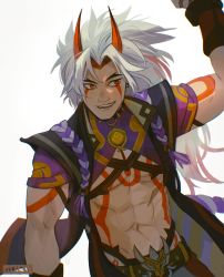 Rule 34 | 1boy, abs, arataki itto, artist name, belt, biceps, bodypaint, ear piercing, earrings, facepaint, fang, genshin impact, geo (genshin impact), highres, horns, jewelry, long hair, messy hair, multicolored hair, muscular, muscular male, necklace, open mouth, pale skin, pectorals, pectorals, piercing, red eyes, red hair, simple background, two-tone hair, viria13, vision (genshin impact), watermark, white background, white hair