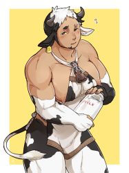 Rule 34 | 1boy, animal ears, animal print, bara, bare shoulders, beard, black hair, blush, body fur, bottle, brothers (ff8), costume request, covered erect nipples, cow boy, cow ears, cow horns, cow print, cow tail, dark-skinned male, dark skin, facial hair, feet out of frame, final fantasy, final fantasy v, highres, holding, holding bottle, horns, kaniharu, large pectorals, long sideburns, looking at viewer, male focus, male lactation, mature male, milk bottle, multicolored hair, muscular, muscular male, nipple slip, nipples, original, pectorals, pelvic curtain, personification, puffy chest, short hair, sideburns, sidepec, solo, tail, thick thighs, thighs, torogao, two-tone hair, white hair