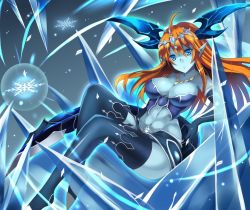 Rule 34 | 1girl, a-na, abs, ahoge, blue eyes, blue footwear, blue skirt, blue thighhighs, boots, breasts, headdress, hera-is (p&amp;d), hera (p&amp;d), horns, ice, jewelry, long hair, looking at viewer, navel, necklace, orange hair, pointy ears, puzzle &amp; dragons, skirt, snowflakes, solo, tail, thigh boots, thighhighs