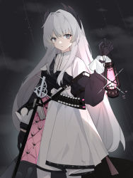 Rule 34 | 1girl, arknights, black gloves, black jacket, capelet, cloud, commentary request, gloves, grey eyes, grey hair, hair intakes, highres, holding, holding lantern, horns, irene (arknights), jacket, lantern, long hair, long sleeves, looking at viewer, night, night sky, outdoors, pantyhose, parted lips, pleated skirt, puffy long sleeves, puffy sleeves, rain, scar, scar on face, skirt, sky, solo, twilight (cgkk4357), very long hair, white capelet, white pantyhose, white skirt