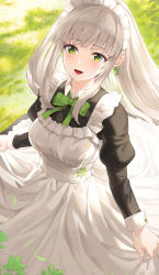 Rule 34 | 1girl, apron, apron hold, black dress, blush, breasts, clover earrings, commentary request, day, dress, earrings, grass, green eyes, green ribbon, highres, jewelry, juliet sleeves, kfr, long hair, long sleeves, maid, maid headdress, medium breasts, neck ribbon, original, outdoors, puffy sleeves, ribbon, sidelocks, solo, very long hair, white apron, white hair