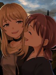 Rule 34 | 2girls, black choker, black shirt, choker, cloud, cloudy sky, commentary request, drawstring, dusk, girls band cry, grey eyes, grey hoodie, highres, hood, hoodie, iseri nina, karukarodon, kawaragi momoka, laughing, light brown hair, long hair, looking at another, multicolored hair, multiple girls, open mouth, outdoors, power lines, red hair, roots (hair), shirt, short twintails, sky, smile, twintails, utility pole