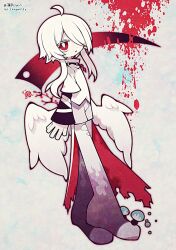 Rule 34 | 1boy, ambiguous red liquid, androgynous, angel wings, artist name, bandages, black sleeves, borrowed character, bright pupils, cape, commission, commissioner name, dot nose, flower, full body, funamusea (artist), grey shorts, hair over one eye, highres, holding, holding scythe, long hair, male focus, mushroom, open mouth, original, outline, pale skin, pantyhose, red cape, red eyes, red flower, red outline, scythe, shirt, short sleeves, shorts, sidelocks, simple background, skeb commission, solo, torn clothes, torn pantyhose, white background, white pantyhose, white pupils, white shirt, white wings, wings