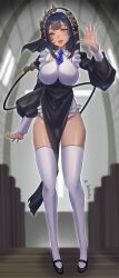 Rule 34 | 1girl, absurdres, black dress, black footwear, blue necktie, blush, breasts, church, coif, commentary request, demon tail, dress, full body, highres, indoors, large breasts, long hair, long sleeves, looking at viewer, mary janes, nanashi inc., necktie, nun, open mouth, pelvic curtain, pew, pointy ears, ryokuoushoku hitode, shimamura charlotte, shoes, short necktie, smile, solo, standing, tail, tan, thighhighs, virtual youtuber, waving, white thighhighs