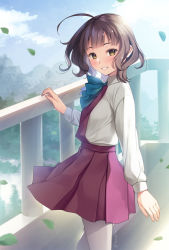 Rule 34 | 1girl, ahoge, blue neckwear, blush, brown eyes, brown hair, collared shirt, commentary request, day, dress, grin, hand up, imachireki, kantai collection, kishinami (kancolle), long sleeves, looking at viewer, looking to the side, outdoors, pantyhose, pleated dress, purple dress, railing, shirt, smile, solo, standing, twitter username, white pantyhose, white shirt
