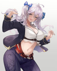 Rule 34 | 1girl, ahoge, belt, bow, breasts, cleavage, collared shirt, crop top, granblue fantasy, hair bow, highres, jacket, large breasts, long hair, midriff, navel, nos, open clothes, open jacket, pants, shirt, silva (granblue fantasy), silver hair, twintails, yellow eyes