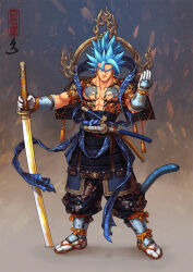 Rule 34 | 1boy, abs, alternate costume, armor, artist name, collarbone, dragon ball, dragon ball super, earrings, facial tattoo, facing viewer, floral print, full body, gloves, golden sword, guillem dauden, hagoromo, haidate, hair between eyes, halo, holding, holding sword, holding weapon, japanese armor, japanese clothes, jewelry, kote, kusazuri, looking at viewer, male focus, monkey tail, muscular, muscular male, pants, pants tucked in, pectorals, planted, planted sword, planted weapon, potara earrings, saiyan, samurai, sash, shawl, sheath, sheathed, shoulder armor, smile, sode, solo, son goku, spiked hair, suneate, super saiyan, super saiyan blue, sword, tabi, tail, tassel, tattoo, topknot, topless male, vegeta, vegetto, waraji, weapon, white gloves