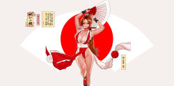 Rule 34 | 1girl, absurdres, arms up, bare shoulders, black socks, breasts, brown eyes, brown hair, cleavage, fatal fury, feet out of frame, fei teng, female focus, folded fan, folding fan, grey background, hand fan, hand guard, high ponytail, highres, hip bones, holding, holding fan, jewelry, large breasts, long hair, looking away, matching hair/eyes, mouth hold, ninja, orb, pelvic curtain, ponytail, red lips, red sun, revealing clothes, ring, rope, sash, shiranui mai, sideboob, sideways glance, socks, solo, standing, standing on one leg, the king of fighters, very long hair, wrist cuffs