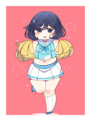 Rule 34 | 1girl, puff of air, bare shoulders, black hair, blue eyes, blue neckerchief, blush, border, breasts, cheerleader, crop top, eyes visible through hair, full body, hair between eyes, highres, horoyuki (gumizoku), kneehighs, looking at viewer, midriff, navel, neckerchief, no nose, open mouth, outside border, plump, pom pom (cheerleading), red background, sailor collar, shadow, skirt, sleeveless, small breasts, socks, solo, standing, standing on one leg, sweat, tareme, thick thighs, thighs, white border, white socks