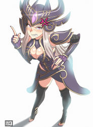 Rule 34 | 1girl, anger vein, armor, armored dress, artist name, black footwear, boots, breasts, cleavage, clenched teeth, danfer3, english text, fingerless gloves, gloves, hand on own hip, helmet, highres, large breasts, league of legends, long hair, looking at viewer, nail polish, pauldrons, pointing, pointing up, purple eyes, purple nails, shoulder armor, sidelocks, silver hair, solo, syndra, teeth, thigh boots, thighhighs, toeless footwear, toeless legwear, toenail polish, toenails, toes