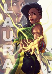 Rule 34 | 1girl, ass, asymmetrical hair, biceps, black hair, brazil, cornrows, dark skin, dark-skinned female, electricity, female focus, front-tie top, highres, laura matsuda, looking at viewer, midriff, sleeveless, solo, street fighter, street fighter v, suppa-rider, toned