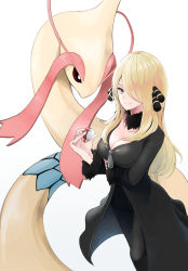 Rule 34 | 1girl, absurdres, arm under breasts, black dress, black legwear, blonde hair, blush, breasts, cleavage, closed mouth, collarbone, commentary request, cowboy shot, creatures (company), cynthia (pokemon), dress, fur collar, game freak, gen 3 pokemon, gen 4 pokemon, grey eyes, hair ornament, hair over one eye, hand up, highres, holding, holding poke ball, large breasts, long hair, long sleeves, looking at viewer, milotic, nintendo, poke ball, poke ball (basic), pokemon, pokemon (creature), pokemon dppt, red eyes, simple background, smile, standing, very long hair, white background, yuuge ningen, zipper pull tab