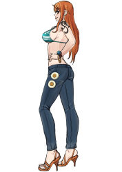 Rule 34 | 1girl, :p, bikini, bikini top only, breasts, brown eyes, denim, easy (aqk7bdqt), full body, green bikini, hand on own hip, high heels, jeans, large breasts, log pose, long hair, looking at viewer, looking to the side, nami (one piece), one piece, orange hair, pants, profile, sandals, sideboob, simple background, solo, standing, swimsuit, tattoo, tongue, tongue out, white background