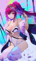 Rule 34 | 1girl, bare shoulders, blush, bow, bra, breasts, brown eyes, cleavage, collarbone, commentary request, fate/grand order, fate (series), fur trim, hair bow, high ponytail, holding, holding wand, lance, navel, panties, parted lips, pink lips, polearm, purple bow, purple hair, salmon88, scathach (fate), scathach skadi (fate), sitting, snow, solo, thighhighs, tiara, underwear, wand, wariza, weapon, white bra, white panties, white thighhighs