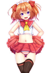 Rule 34 | 1girl, alternate costume, black thighhighs, blush, bow, cheerleader, ebi 193, fang, gluteal fold, hair ribbon, looking at viewer, midriff, navel, open mouth, orange hair, panties, pom pom (cheerleading), purple eyes, revision, ribbon, short hair, simple background, smile, solo, striped clothes, striped panties, sunny milk, thighhighs, touhou, twintails, underwear, white background