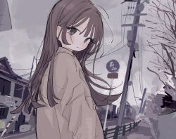 Rule 34 | 1girl, absurdres, black eyes, blush, brown hair, building, closed mouth, cloud, cloudy sky, day, highres, jacket, long hair, long sleeves, looking at viewer, looking back, original, outdoors, power lines, sign, sky, solo, upper body, utility pole, yunoki itsugu