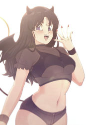 Rule 34 | 1girl, bat wings, black hair, blue eyes, blush, breasts, demon horns, demon tail, dragon ball, halloween costume, highres, horns, medium breasts, micro shorts, midriff, nail polish, naraku (zg8w5), navel, open mouth, red nails, see-through, shorts, simple background, solo, tail, underboob, videl, white background, wings