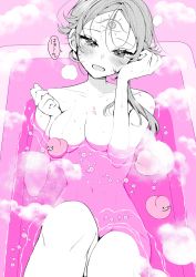 Rule 34 | 1girl, bath, bathing, bathtub, breasts, convenient censoring, floating breasts, highres, looking at viewer, navel, nude, open mouth, ouchi kaeru, partially submerged, rubber duck, smile, solo, sweat, water