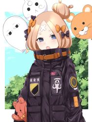 Rule 34 | 1girl, abigail williams (fate), abigail williams (traveling outfit) (fate), bandaid, bandaid on face, bandaid on forehead, belt, black bow, black jacket, blonde hair, blue eyes, bow, breasts, crossed bandaids, fate/grand order, fate (series), forehead, hair bow, hair bun, heroic spirit traveling outfit, high collar, highres, jacket, kankitsu kei, long hair, long sleeves, multiple hair bows, official alternate costume, orange belt, orange bow, parted bangs, polka dot, polka dot bow, single hair bun, sleeves past fingers, sleeves past wrists, small breasts, solo