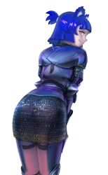 Rule 34 | 1girl, absurdres, animal ears, armor, ass, bad id, bad twitter id, blue hair, bob cut, borrowed character, breastplate, chainmail, character request, closed mouth, from behind, highres, leaning forward, looking at viewer, looking back, medium hair, original, profile, red eyes, short ponytail, simple background, smile, solo, wass nonnam, white background