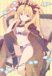 Rule 34 | 1girl, black thighhighs, blonde hair, blush, bra, breasts, cape, cleavage, ereshkigal (fate), fate/grand order, fate (series), highres, long hair, looking at viewer, medium breasts, navel, orange eyes, panties, parted bangs, purple panties, red cape, saipaco, sitting, solo, striped bra, striped clothes, striped panties, thighhighs, thighs, tiara, two side up, underwear, underwear only, vertical-striped clothes, vertical-striped panties