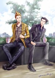Rule 34 | 2boys, ace attorney, beard, belt, black footwear, black shirt, blouse, cup, day, disposable cup, facial hair, formal, jacket, larry butz, male focus, multiple boys, outdoors, phoenix wright, shirt, sitting, spiked hair, suit, tree, twitter username, wakadori, yellow jacket