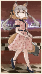 Rule 34 | absurdres, animal ears, belt, black belt, black footwear, casual, clothes lift, collared dress, dress, dress lift, extra ears, fox ears, fox girl, fox tail, grey hair, hair tie, highres, island fox (kemono friends), kemono friends, kemono friends 3, kemono friends v project, long hair, mary janes, multicolored hair, official alternate costume, orange hair, pink dress, polka dot, shoes, short sleeves, tail, toriny, twintails, two-tone hair, virtual youtuber, yellow eyes