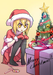 Rule 34 | 1girl, artist name, black thighhighs, blonde hair, blush, bow, box, candy, candy cane, capelet, christmas, christmas tree, coffee (ecafree2), english text, excited, food, fur, gift, hair between eyes, hands on own knees, happy, hat, kneeling, lollipop, merry christmas, miniskirt, mittens, no shoes, ornament, pigeon-toed, pleated skirt, red hat, red skirt, santa costume, santa hat, simple background, skirt, smile, solo, sparkle, squatting, star-shaped pupils, star (symbol), symbol-shaped pupils, thighhighs, thighs, tree, yellow background