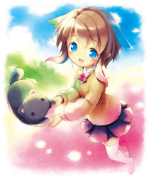 Rule 34 | 1girl, :d, aikei ake, animal, black cat, black skirt, blue eyes, blue hair, blue sky, blush, bow, bowtie, brown hair, brown sweater, cat, cloud, collared shirt, day, full body, gradient hair, green hair, hair between eyes, highres, kitten, long sleeves, looking at viewer, multicolored hair, no shoes, open mouth, original, outdoors, pink hair, pleated skirt, red bow, red bowtie, shirt, skirt, sky, smile, solo, sweater, thighhighs, white shirt, white thighhighs