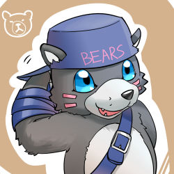 Rule 34 | bear, bearmon, belt, blue eyes, digimon, fangs, hat