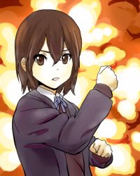 Rule 34 | 10s, 1girl, bad id, bad pixiv id, blazer, blouse, brown eyes, brown hair, butaneko, clenched hands, explosion, fighting stance, inaba himeko, jacket, kokoro connect, open mouth, school uniform, shirt, short hair, solo, sweater vest, white shirt