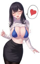 Rule 34 | 1girl, absurdres, bikini, bikini top only, black hair, black pantyhose, black skirt, blue bikini, blush, breasts, cleavage, closed eyes, colored inner hair, commentary, glasses, heart, highres, large breasts, long sleeves, mole, mole on breast, multicolored hair, navel, notice lines, open mouth, original, pantyhose, pencil skirt, purple hair, simple background, skirt, solo, spoken heart, standing, sweater, swimsuit, tansui san (tcjp4784), tongue, turtleneck, turtleneck sweater, white background, white sweater