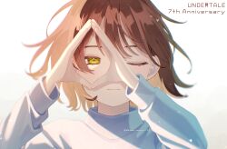 Rule 34 | 1other, :|, ake blood, androgynous, anniversary, artist name, blue sweater, blurry, blurry background, brown hair, close-up, closed mouth, commentary, copyright name, depth of field, diamond hands, expressionless, eyelashes, floating hair, frisk (undertale), gradient background, hand on own face, hands up, highres, light particles, long sleeves, messy hair, one eye closed, portrait, short hair, signature, sweater, twitter username, undertale, white background, wind, yellow eyes