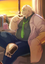 Rule 34 | 1boy, animal ears, bara, barefoot, bear boy, bear ears, belly, bulge, cigarette, cup, curtains, fat, fat man, furry, furry male, glasses, green-framed eyewear, huge eyebrows, katoributa a, large pectorals, leib (housamo), looking to the side, loose necktie, male focus, mature male, medium hair, mug, muscular, muscular male, necktie, office, on chair, pectorals, ponytail, presenting foot, seductive smile, shirt, sideburns, sitting, smile, solo, stomach, sunset, teacher, thick thighs, thighs, tokyo houkago summoners