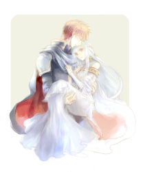 Rule 34 | 1boy, 1girl, armor, bare shoulders, blonde hair, blue eyes, breasts, cape, carrying, choker, couple, dress, eliwood (fire emblem), face-to-face, fire emblem, fire emblem: the blazing blade, grey background, hair ornament, hand on another&#039;s chest, hetero, kuzumosu, long hair, ninian, nintendo, princess carry, profile, red eyes, red hair, sash, short hair, silver hair, simple background, smile, veil