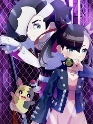 Rule 34 | 1boy, 1girl, asymmetrical bangs, belt, black hair, black jacket, black nails, brother and sister, chain-link fence, closed mouth, commentary request, creatures (company), cropped jacket, dress, dusk ball, eyeshadow, fence, game freak, gen 8 pokemon, green eyes, grey eyeshadow, hair over one eye, hair ribbon, highres, holding, holding microphone, holding poke ball, jacket, long hair, makeup, marnie (pokemon), microphone, microphone stand, morpeko, morpeko (full), multicolored hair, nail polish, nintendo, open clothes, open jacket, piers (pokemon), pink dress, poke ball, pokemon, pokemon (anime), pokemon (creature), pokemon journeys, red ribbon, ribbon, shirt, siblings, smile, tsubakiex, two-tone hair, white hair, white jacket